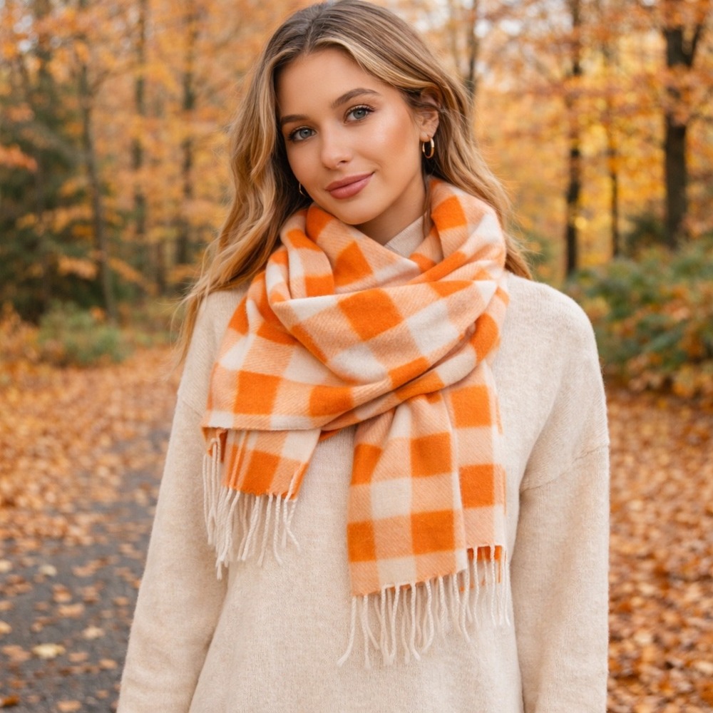 MY Products Orange White Buffalo Plaid‎ Scarf Feel Cashmere Fringe